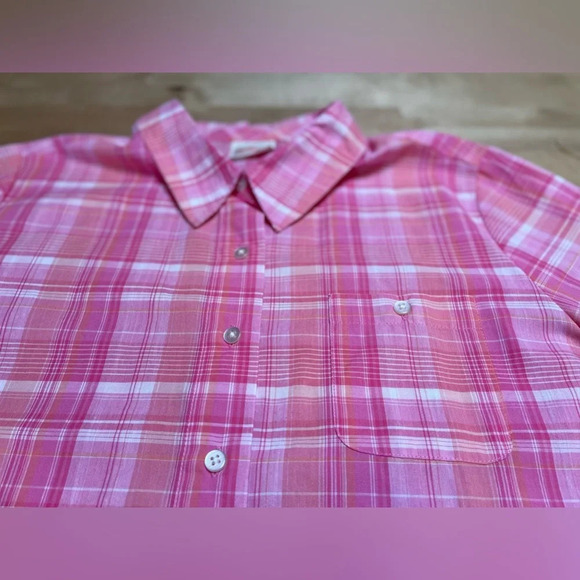 Vintage Chic Short Sleeve Button Down Cuff Sleeve Vent Side Blouse Size 1X Pink - Picture 4 of 12